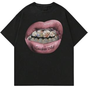 image:imageGORGLITTER Mens Lip Pattern Graphic Tees Loose Short Sleeve Crewneck T Shirts Streetwear TopBlack Letter