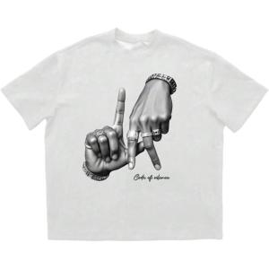 image:imageGORGLITTER Mens Lip Pattern Graphic Tees Loose Short Sleeve Crewneck T Shirts Streetwear TopWhite Letter  Hand Gesture