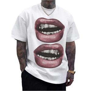 image:imageGORGLITTER Mens Lip Pattern Graphic Tees Loose Short Sleeve Crewneck T Shirts Streetwear TopWhite and Light Red Lips
