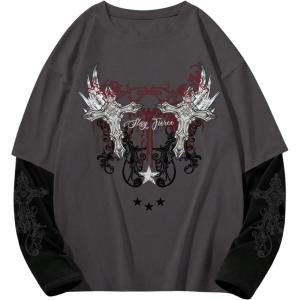 image:imageGORGLITTER Mens Y2k Goth Shirt Jersey Letter Graphic Color Block Oversized Long Sleeve Crewneck Vacation Tee TopsGrey
