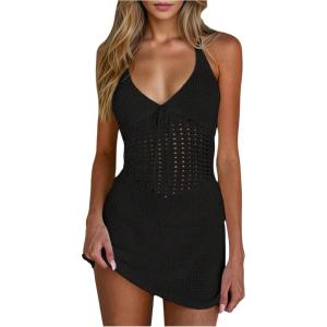 image:imageGORGLITTER Womens Crochet Beach Cover Up Dresses Hollow Out Tie Backless Halter Swimsuit CoverupsBlack