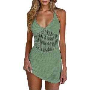 image:imageGORGLITTER Womens Crochet Beach Cover Up Dresses Hollow Out Tie Backless Halter Swimsuit CoverupsGreen
