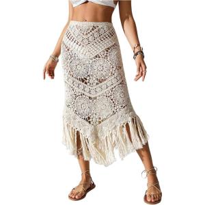 image:imageGORGLITTER Womens Crochet Beach Skirt Hollow Out Fringe High Waisted Bathing Suit Cover UpApricot