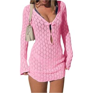 image:imageGORGLITTER Womens Crochet Bikini Cover Up Dress Cut Out Long Sleeve Beach Bathing Suit Swimsuit OutfitsPink