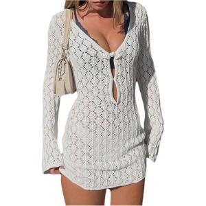 image:imageGORGLITTER Womens Crochet Bikini Cover Up Dress Cut Out Long Sleeve Beach Bathing Suit Swimsuit OutfitsWhite