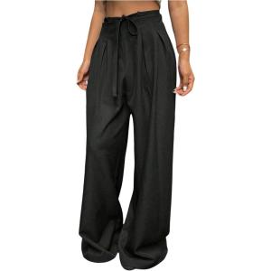 image:imageGORGLITTER Womens Tie Front Wide Leg Dress Pants Pleated Baggy Pants Loose TrousersBlack