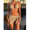 image:imageGORGLITTER Womens 3 Piece Swimsuits Halter Triangle String Bikini Set with Beach Skirt Swimwear SetKhaki
