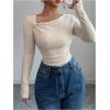 image:imageGORGLITTER Womens Asymmetrical Long Sleeve Tops T Shirt Cinched Waist Tops Ribbed Knit Fitted Tee Going Out TopsApricot