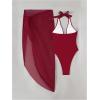 image:imageGORGLITTER Womens Bathing Suits Deep V Neck Halter Tie Backless Sexy One Piece Swimsuit with Cover Up SkirtBurgundy