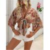 image:imageGORGLITTER Womens Boho Tie Front Crop Tops 34 Length Sleeve Paisley Blouse ShirtBrown Paisley