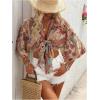 image:imageGORGLITTER Womens Boho Tie Front Crop Tops 34 Length Sleeve Paisley Blouse ShirtBrown Paisley