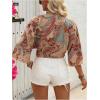 image:imageGORGLITTER Womens Boho Tie Front Crop Tops 34 Length Sleeve Paisley Blouse ShirtBrown Paisley
