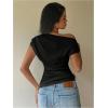 image:imageGORGLITTER Womens Cinched Waist Tops Old Money Off The Shoulder T Shirts Metallic Flower Short Sleeve Going Out Knit TopBlack