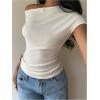 image:imageGORGLITTER Womens Cinched Waist Tops Old Money Off The Shoulder T Shirts Metallic Flower Short Sleeve Going Out Knit TopWhite