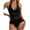 image:imageGORGLITTER Womens Crochet Halter Tankini Swimsuits Summer Bow Lace High Waisted Bathing Suit Beach Swim Wear 2025Black