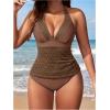 image:imageGORGLITTER Womens Crochet Halter Tankini Swimsuits Summer Bow Lace High Waisted Bathing Suit Beach Swim Wear 2025Coffee Brown