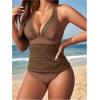 image:imageGORGLITTER Womens Crochet Halter Tankini Swimsuits Summer Bow Lace High Waisted Bathing Suit Beach Swim Wear 2025Coffee Brown