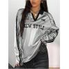 image:imageGORGLITTER Womens Metallic Shirt Letter Graphic Tees Y2k Striped Long Sleeve Jersey T Shirt Collared Streetwear TopsSilver