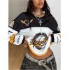 image:imageGORGLITTER Womens Oversized Jersey Shirts Y2k Clothes Number Letter Graphic Long Sleeve V Neck Top Aesthetic StreetwearBlack and White