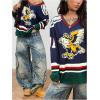 image:imageGORGLITTER Womens Oversized Jersey Shirts Y2k Clothes Number Letter Graphic Long Sleeve V Neck Top Aesthetic StreetwearBlue Graphic