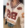 image:imageGORGLITTER Womens Oversized Jersey Shirts Y2k Clothes Number Letter Graphic Long Sleeve V Neck Top Aesthetic StreetwearMulticolor