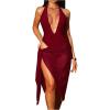 image:imageGORGLITTER Womens Bathing Suits Deep V Neck Halter Tie Backless Sexy One Piece Swimsuit with Cover Up SkirtBurgundy