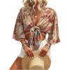image:imageGORGLITTER Womens Boho Tie Front Crop Tops 34 Length Sleeve Paisley Blouse ShirtBrown Paisley