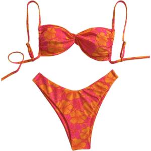 image:imageGORGLITTER Womens 2 Piece Swimsuits Floral Brazilian Bikini Sets High Waisted Cheeky High Cut Bathing Suit SwimwearOrange