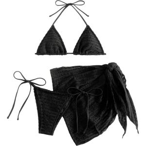 image:imageGORGLITTER Womens 3 Piece Swimsuits Halter Triangle String Bikini Set with Beach Skirt Swimwear SetBlack