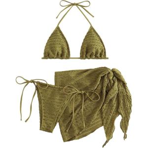 image:imageGORGLITTER Womens 3 Piece Swimsuits Halter Triangle String Bikini Set with Beach Skirt Swimwear SetMustard Yellow