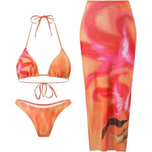 image:imageGORGLITTER Womens 3 Piece Swimsuits Tie Dye Y2k Halter Triangle Thong Bikini Sets with Cover Up SkirtMulti Orange