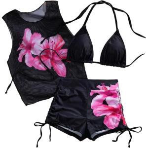 image:imageGORGLITTER Womens 3 Piece Swimsuits Triangle Halter String Bikini Top Bathing Suit with ShortsBlack and Pink
