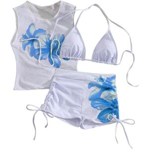 image:imageGORGLITTER Womens 3 Piece Swimsuits Triangle Halter String Bikini Top Bathing Suit with ShortsBlue and White