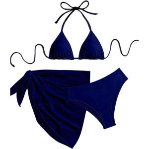 image:imageGORGLITTER Womens Bikini Sets 3 Piece High Cut Backless Halter Triangle Swimsuit with Beach Cover UpBlue