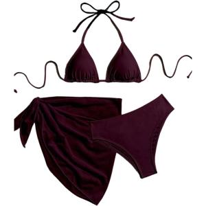 image:imageGORGLITTER Womens Bikini Sets 3 Piece High Cut Backless Halter Triangle Swimsuit with Beach Cover UpBurgundy