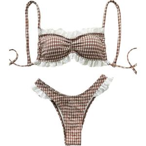 image:imageGORGLITTER Womens Gingham Bikini Lace Trim High Cut Swimsuit Two Piece Bathing Suit Cute SwimwearCoffee Brown