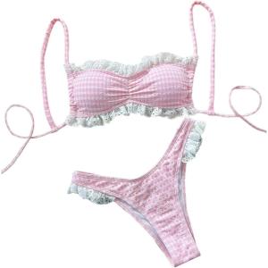 image:imageGORGLITTER Womens Gingham Bikini Lace Trim High Cut Swimsuit Two Piece Bathing Suit Cute SwimwearPink