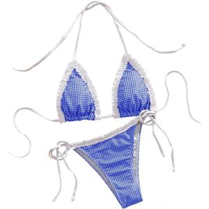 image:imageGORGLITTER Womens Gingham Bikini Sets Cute High Cut Thong Triangle Halter Top Cheeky 2026 Beach Bathing Suit SwimsuitBlue
