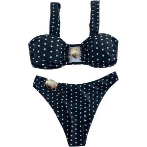 image:imageGORGLITTER Womens High Cut Bikini Sets 2 Piece Polka Dots Metal Shell Swimsuits BeachwearBlack and White