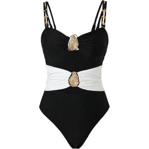 image:imageGORGLITTER Womens High Cut Metal One Pieces Swimsuits Modest Tummy Control Bathing Suit Cut Out Color Block MonokiniBlack and White