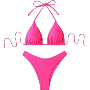 image:imageGORGLITTER Womens High Cut Thong String Bikini Set Cute Halter Triangle Top Cheeky 2026 Swimsuit Bathing SuitHot Pink