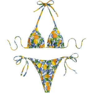 image:imageGORGLITTER Womens High Waisted Thong Bikini Set Lemon Graphic Halter Triangle Top Swimsuit Bathing SuitOrange Multicolor