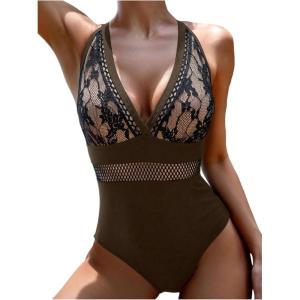 image:imageGORGLITTER Womens Lace Modest Monokini Swimsuits Halter Cheeky Tummy Control One Piece Swim Bathing Suit Beach WearCoffee Brown