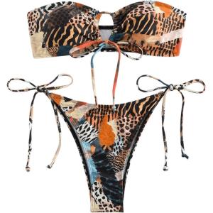 image:imageGORGLITTER Womens Leopard Strapless Bikini Sets Y2k Cheetah Animal Print High Cut String Swimsuit Thong Bathing SuitMulticolor