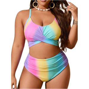 image:imageGORGLITTER Womens Plus Size High Waisted Bikini Set Two Piece Swimsuit Color Block Tummy Control Bathing Suits