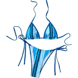 image:imageGORGLITTER Womens String Bikini Sets Striped Halter Triangle Thong 2 Piece Swimsuit Cute Side Tie Cheeky Bathing SuitBlue