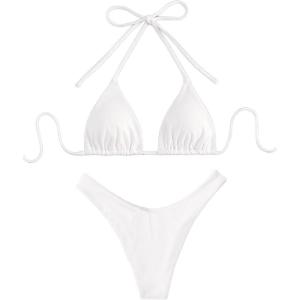 image:imageGORGLITTER Womens String Bikini Sets Triangle Halter Top High Cut Thong Two Piece Swimsuit Bathing SuitWhite