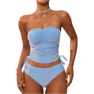 image:imageGORGLITTER Womens Striped Bandeau Tankini Swimsuits Side Drawstring Bathing SuitBlue and White