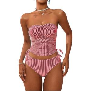 image:imageGORGLITTER Womens Striped Bandeau Tankini Swimsuits Side Drawstring Bathing SuitRed and White