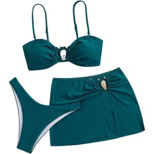 image:imageGORGLITTER Womens Swimsuit Metal Decor High Waisted Cheeky Beach Vacation Bikini Set with Bathing Suit Cover Up SkirtsTeal Blue